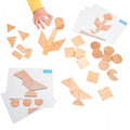 Set of light wood 2D shapes: triangles, circles, squares, on white cards.