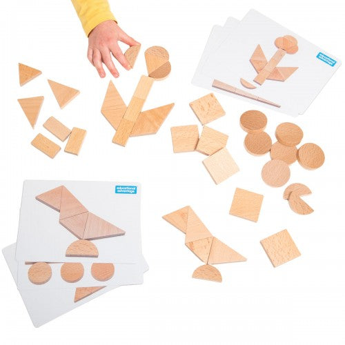 Set of light wood 2D shapes: triangles, circles, squares, on white cards.