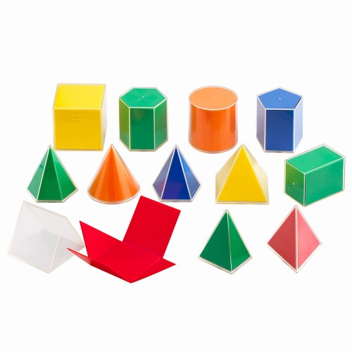 Assorted colorful geometric solids: cubes, cones, prisms, and pyramids, plastic teaching blocks