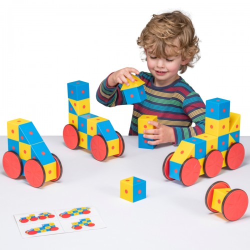 Magnetic cube blocks for play: wheeled pieces and stacked cubes, plus included activity sheet