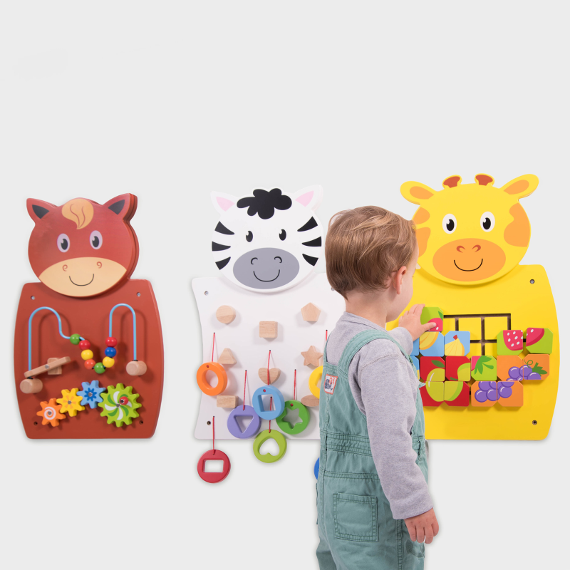 Activity wall panel set with three animal boards, plus child facing and touching panels