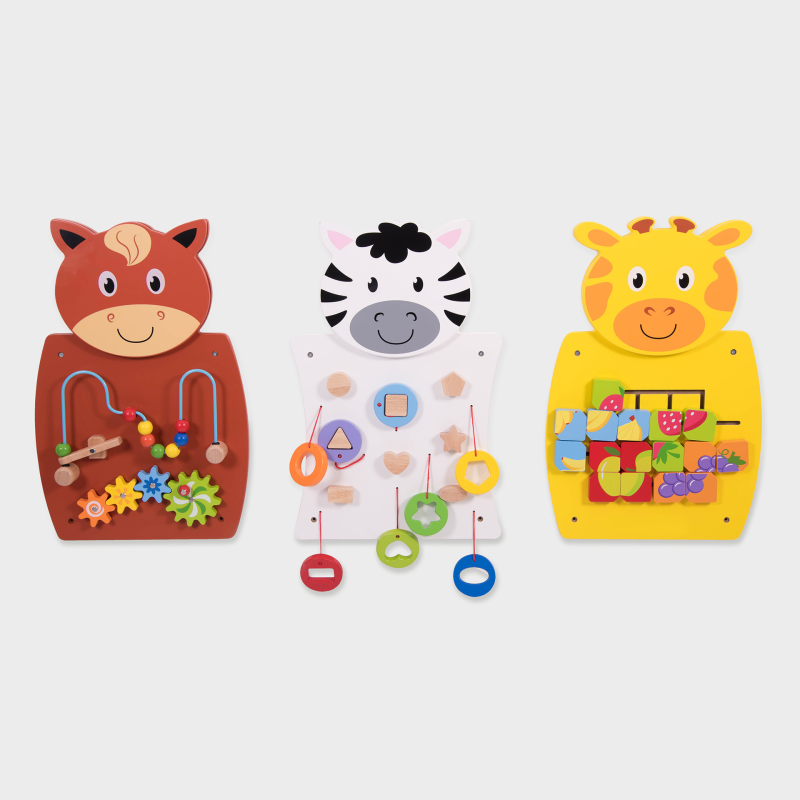 Activity wall panel set with fox, zebra, and giraffe animal activity boards