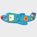 Blue airplane wall activity panels with clock, gears, and bead/peg activities