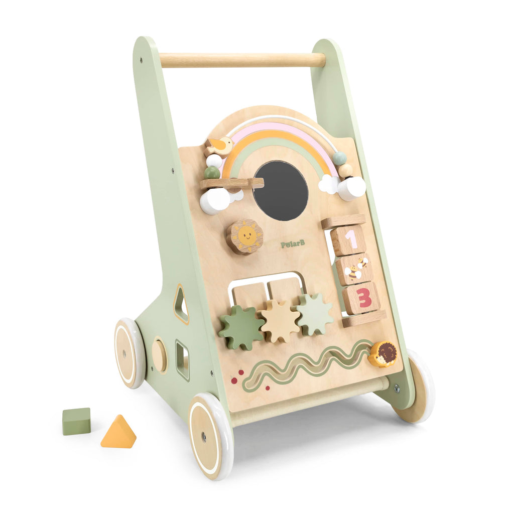 Mint and wood activity baby walker with rainbow arch, gears and buttons