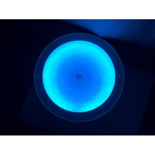 Round light-up side table top with bright blue circular LED ring
