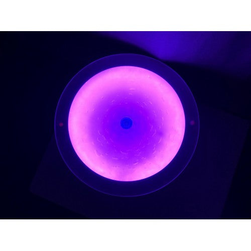 Round light-up side table top with bright purple-pink LED ring glow