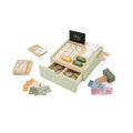 Cash register with open drawer, coin tray, buttons keypad and digital display