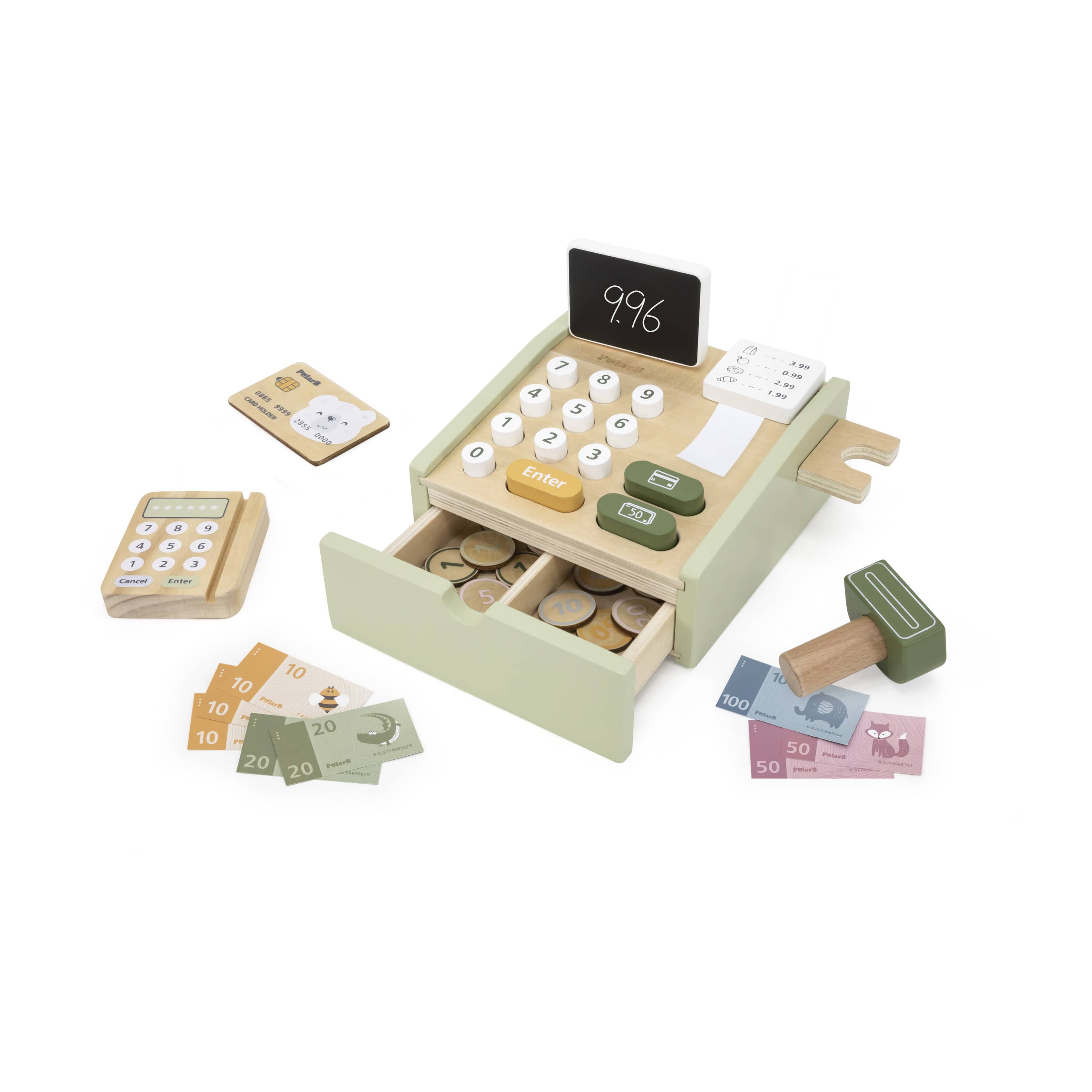 Cash register with open drawer, coin tray, buttons keypad and digital display