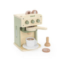 Wooden coffee machine play set with cup, wooden scoop, and coffee pods