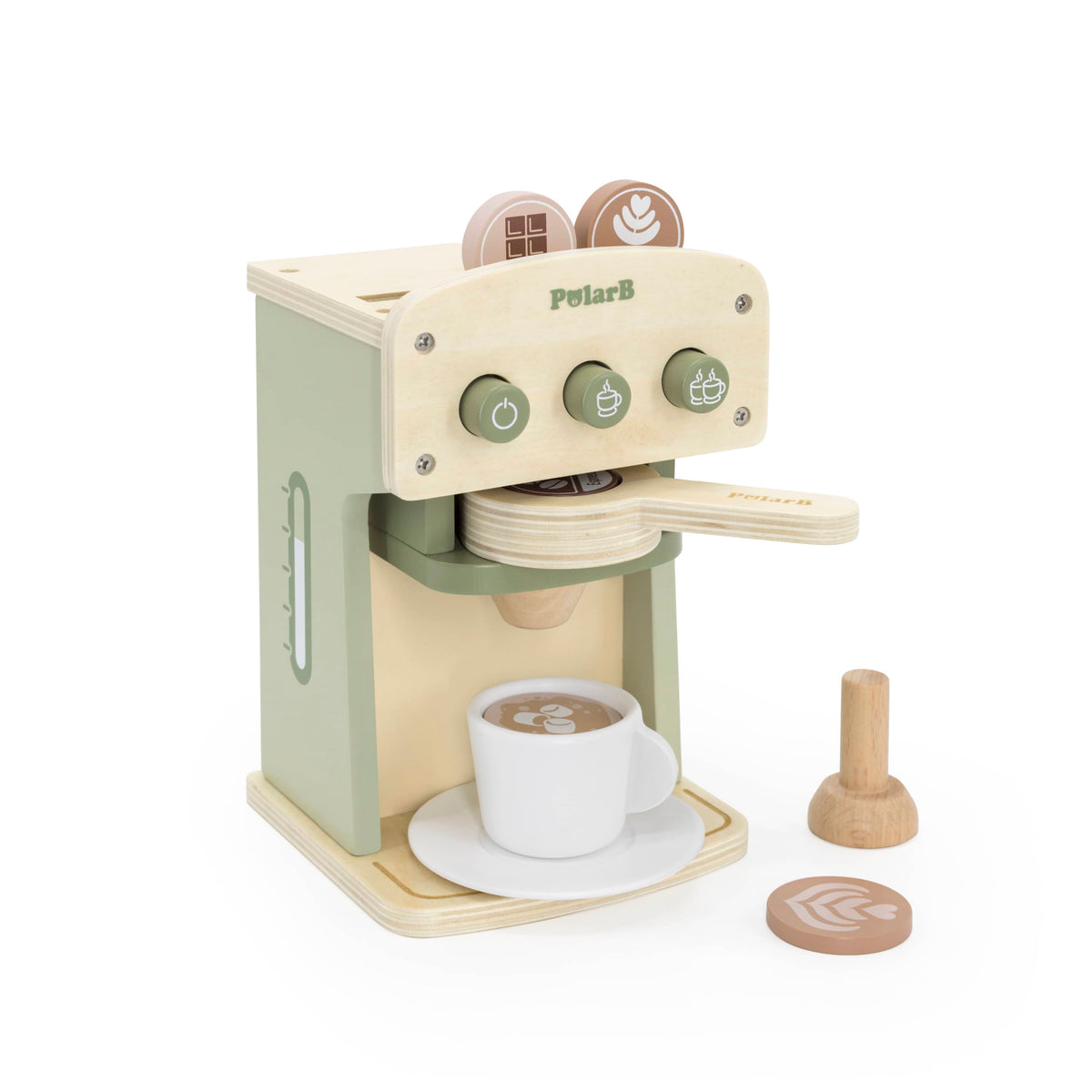 Wooden coffee machine play set with cup, wooden scoop, and coffee pods