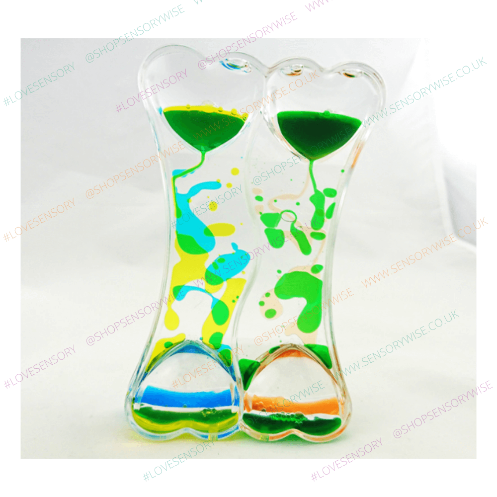 Liquid motion hourglass with green, yellow, and blue swirling liquid halves