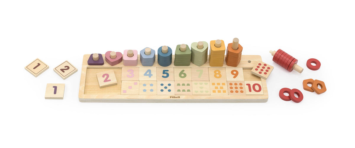 Wooden number counting and matching board with colored stack pieces and numeral tiles