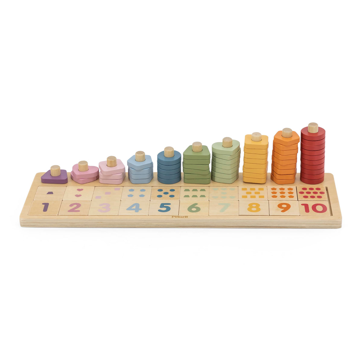 Wooden number board with colorful cylinder stacks labeled 1 to 10