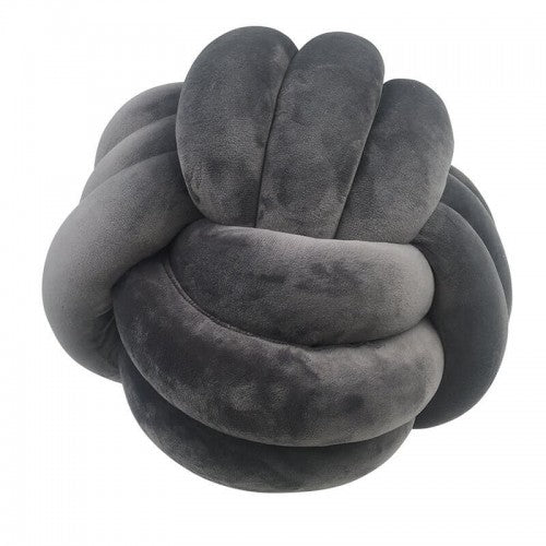 Gray knot ball cushion with plush braided loops and rounded knots