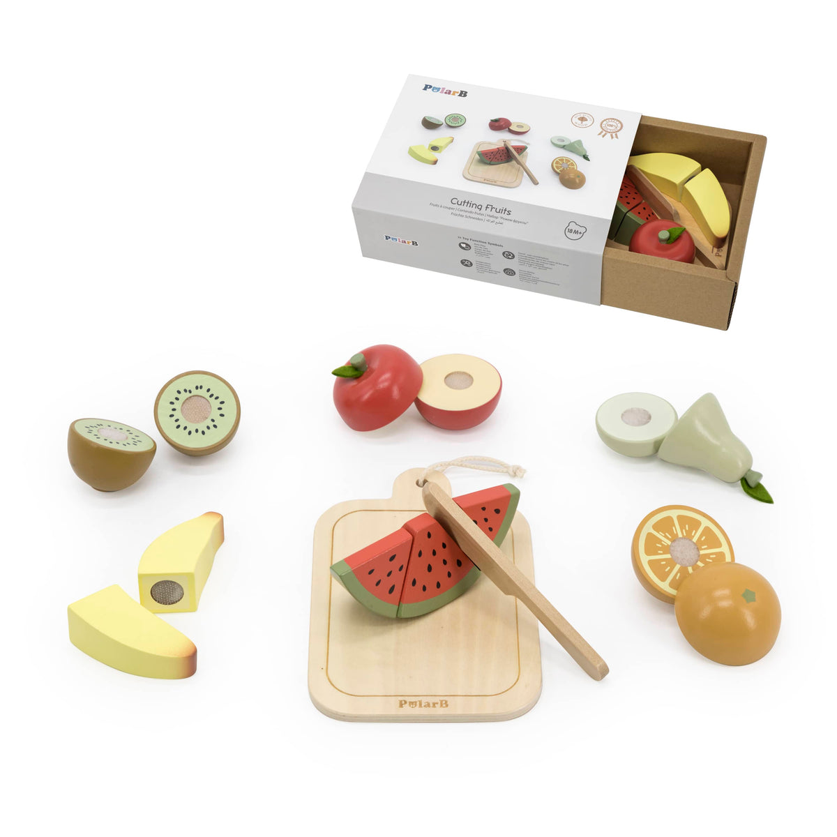 Wooden fruit cutting set with board, knife, and sliced watermelon, tomato, avocado pieces