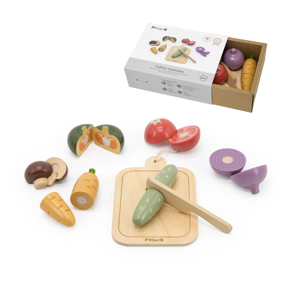 Pretend vegetable cutting set with wooden cutting board, plastic tomatoes and carrots
