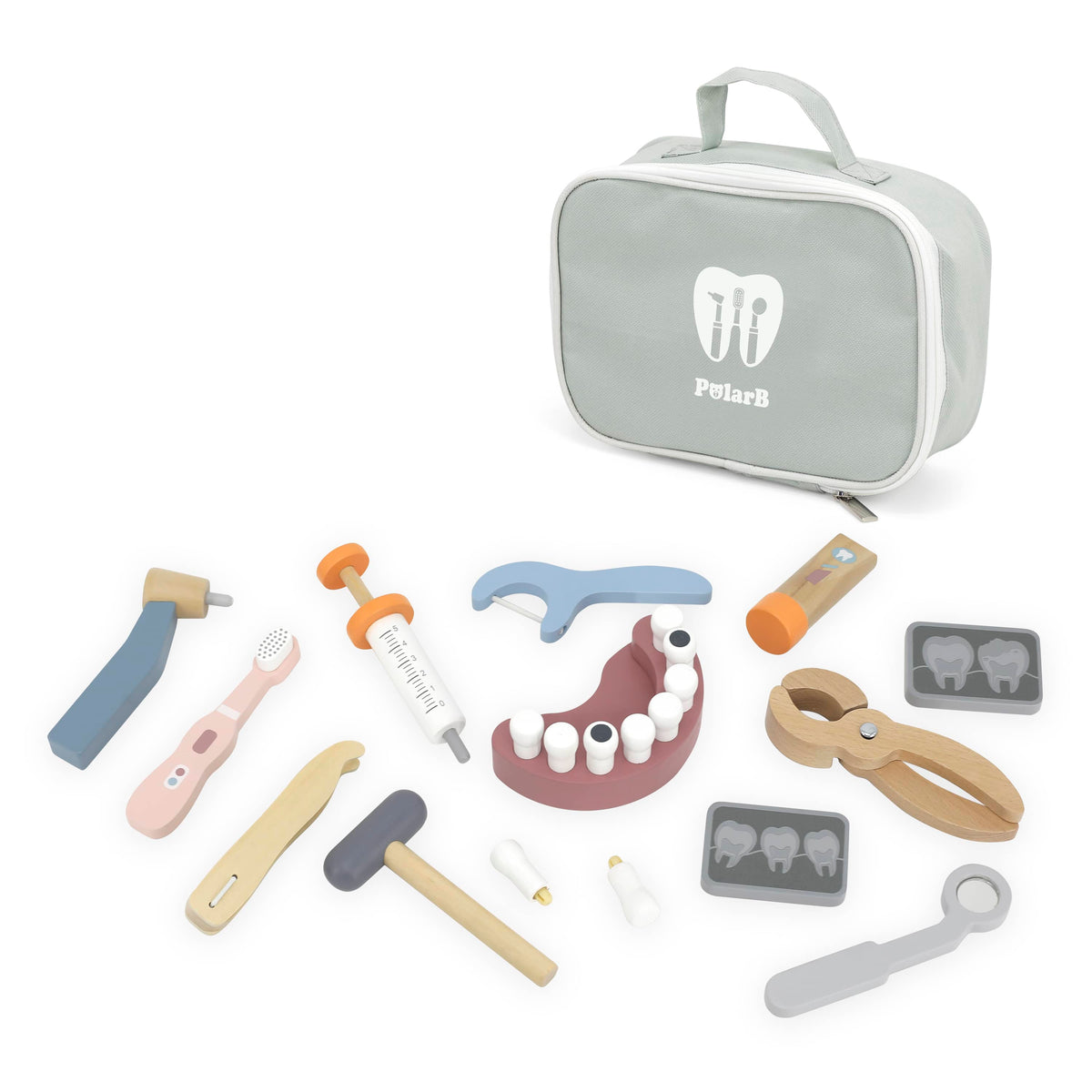Dentist playset with gray carrying case and assorted dental tools and teeth pieces