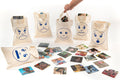 Set of cream canvas sorting bags with blue emotion face prints and cards