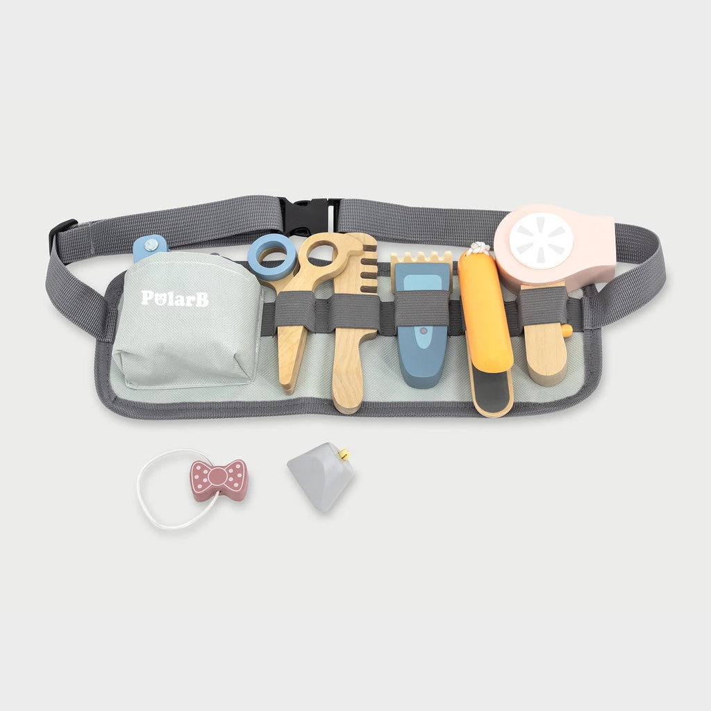Hairdressing set tool belt with comb, scissors, brush, hair dryer and clips