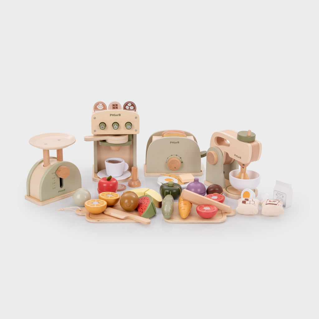 Wooden play kitchen accessories set with stove, utensils, and food pieces