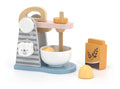 Children's wooden play kitchen mixer set with bowl, accessories, and orange container