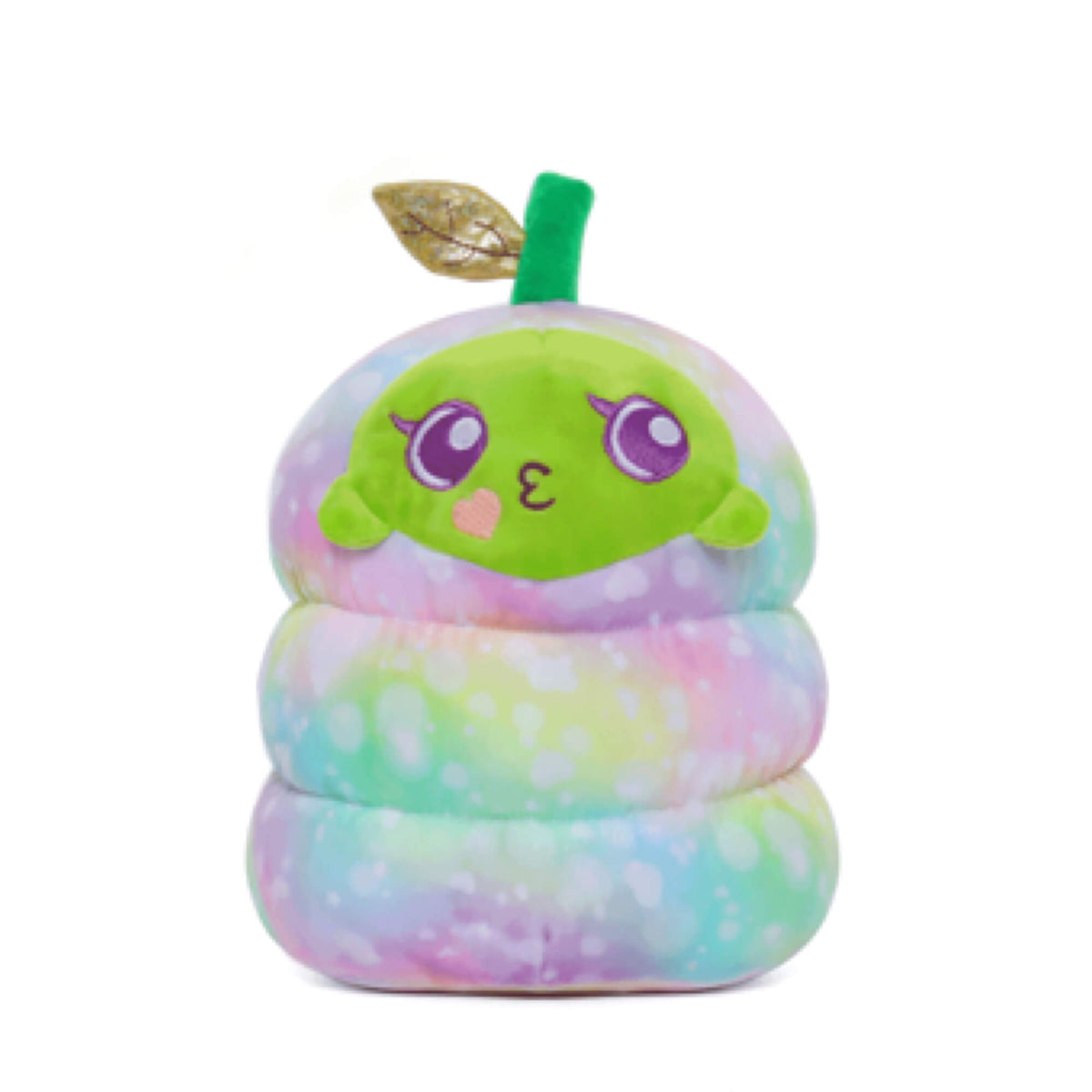 Stacked pastel plush creature with green face, purple eyes, and a small leaf topper