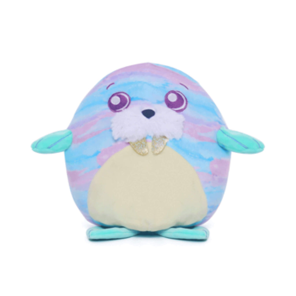 Blue pastel plush penguin with purple eyes, white belly, and teal flippers