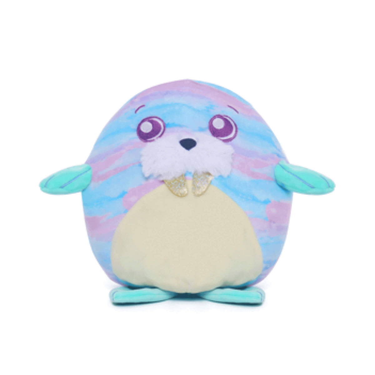 Blue pastel plush penguin with purple eyes, white belly, and teal flippers