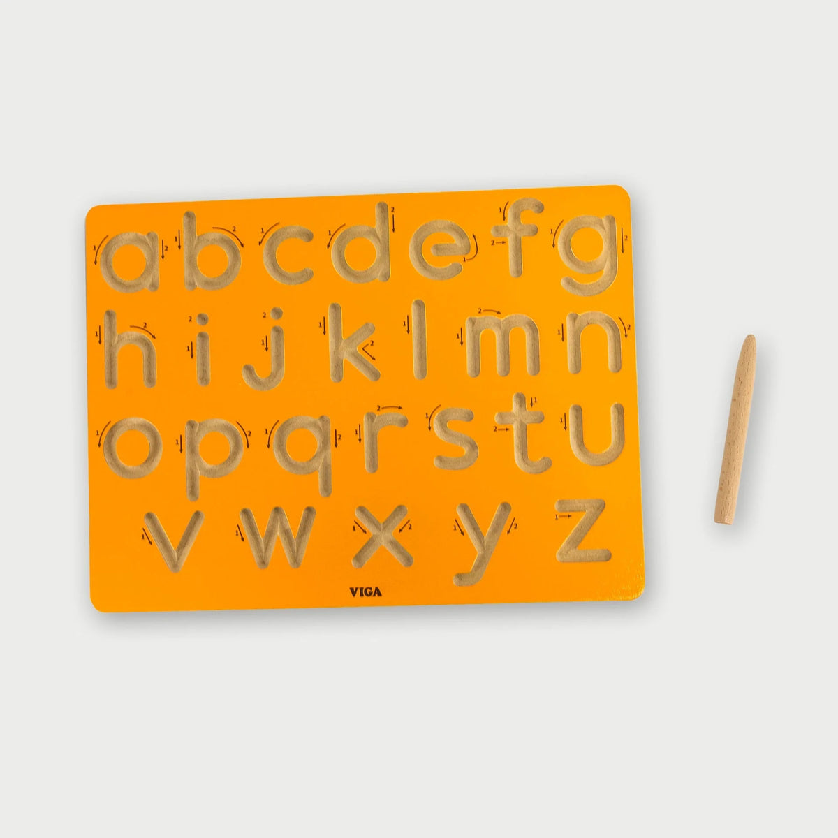 Orange lowercase letter tracing board with dotted cutout guides and wooden stylus