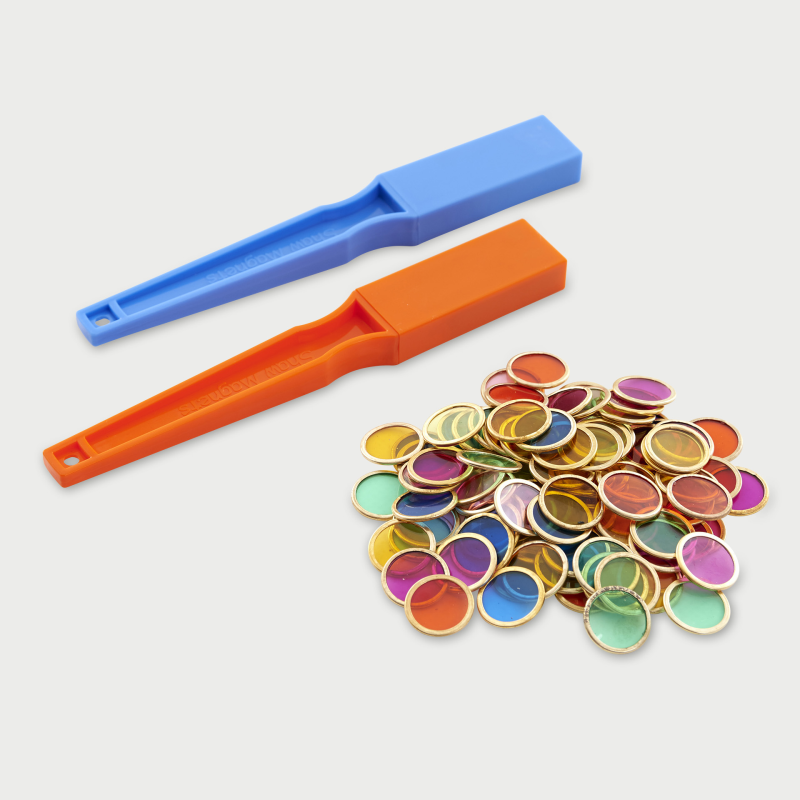 Magnetic wands and chip set with blue and orange wands and multicolor magnetic chips