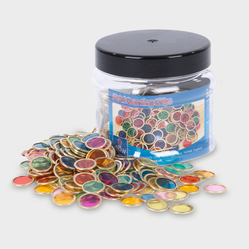 Magnetic colored marbles tub with rainbow metal counting chips in clear container and loose pile