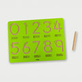 Green number tracing board with digits 0–8 and dotted rows for practice