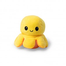 Reversible plush octopus toy, yellow body with orange tentacles and smile