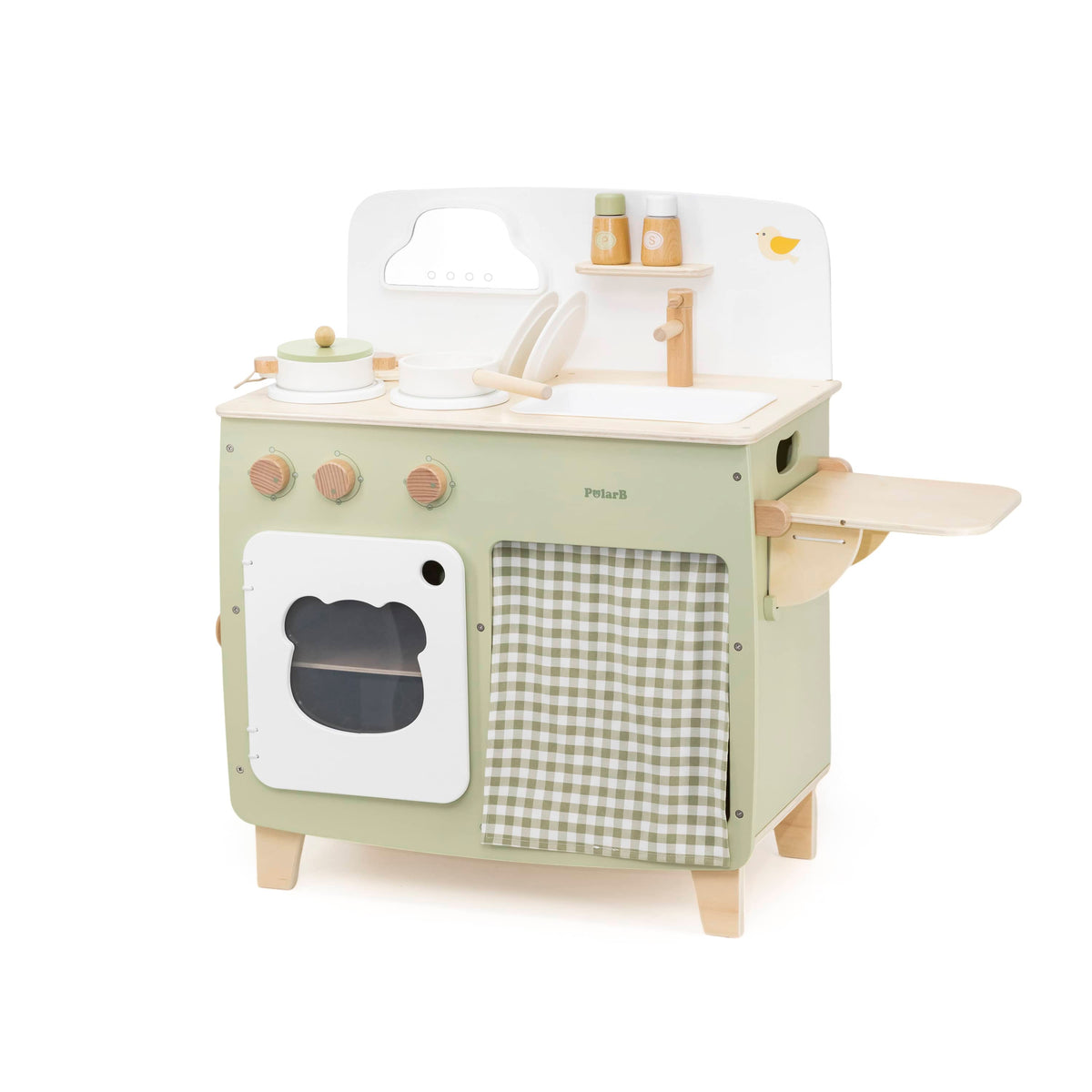 Mint green kids play kitchen set with oven door, checkered panel, and sink area