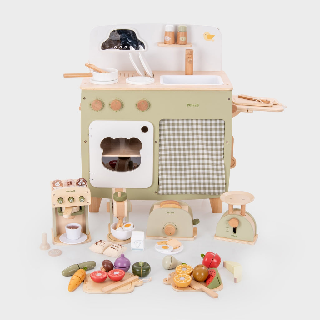 Wooden play kitchen starter set with stovetop, oven door, and included food accessories