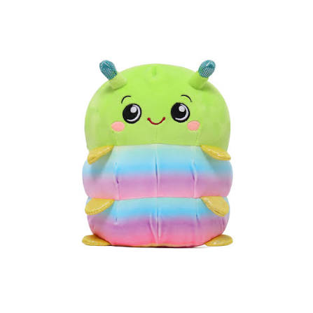 Green plush creature with antennae, smiling face, and rainbow-striped belly panel