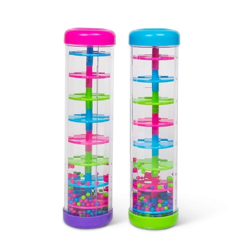 Set of two transparent rainmaker cylinders with pink and blue caps and multicolor beads