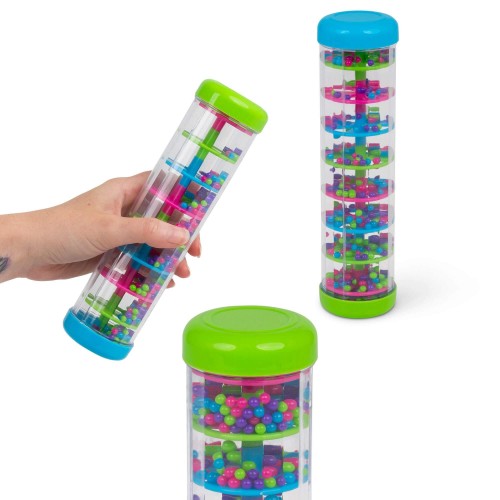 Transparent rainmaker toy cylinder with green and blue caps and colorful bead chamber