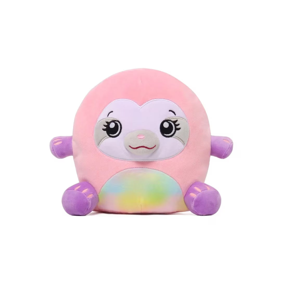 Pink and lavender plush character with closed-mouth smile, purple arms, rainbow belly