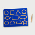 Blue wooden shapes tracing board with gold outline shapes and wooden stylus