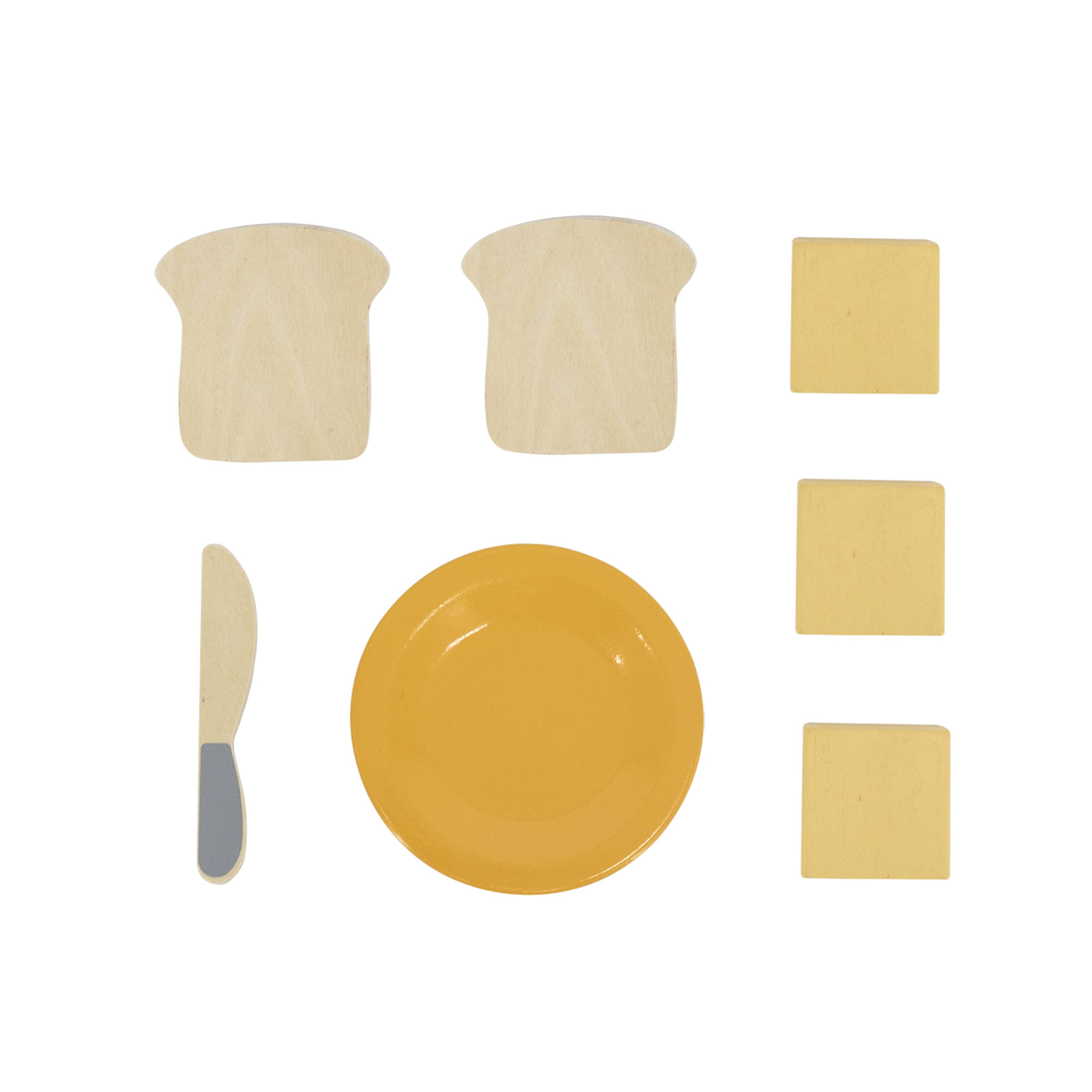 Toaster set toy parts: bread slices, round plate, spatula, small blocks
