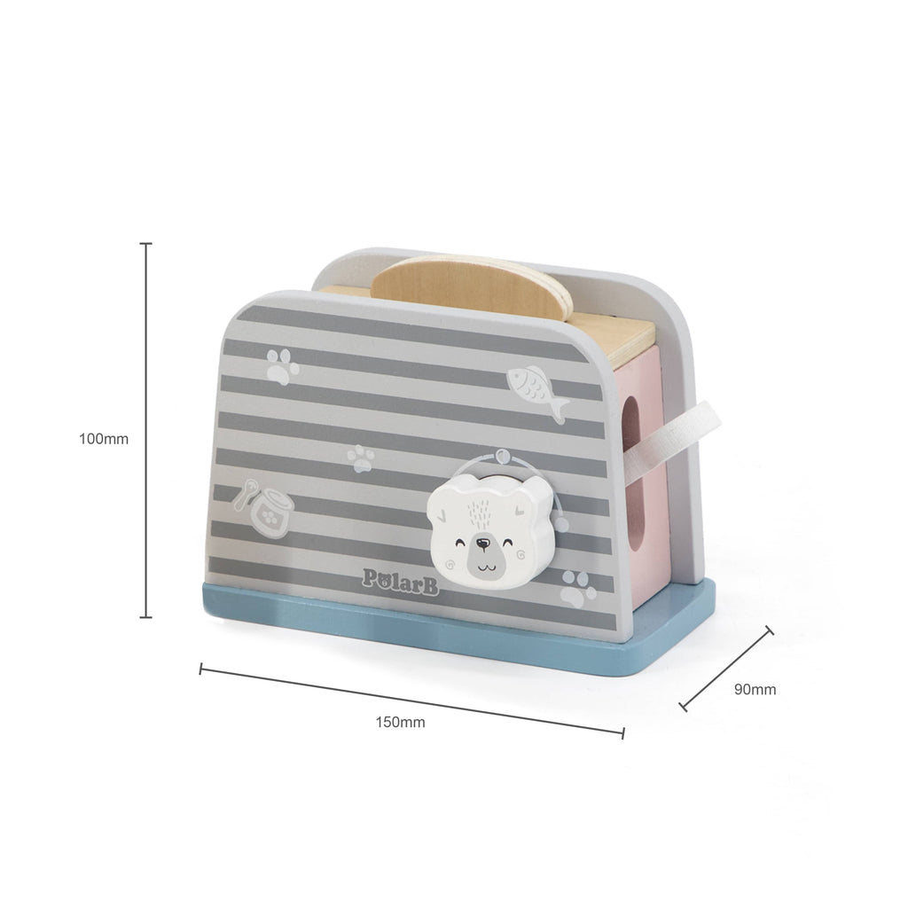 Kids wooden toy toaster with gray stripes, blue base, PolarB bear front