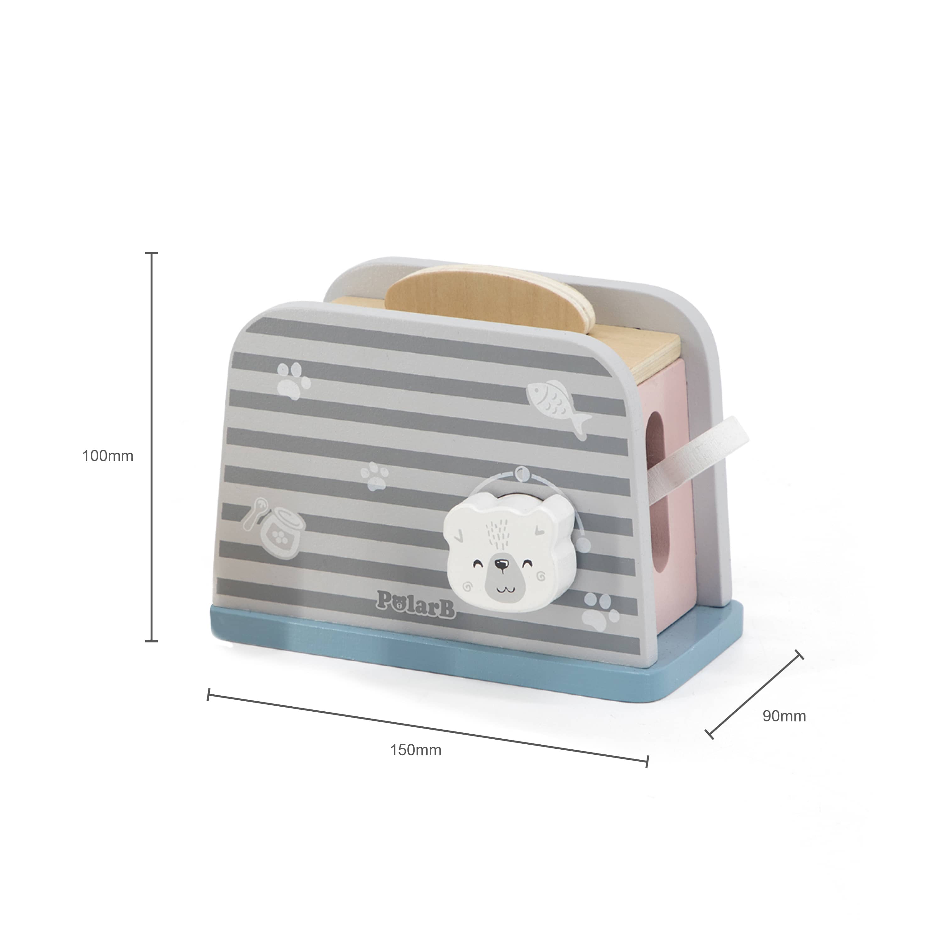 Kids wooden toy toaster with gray stripes, blue base, PolarB bear front
