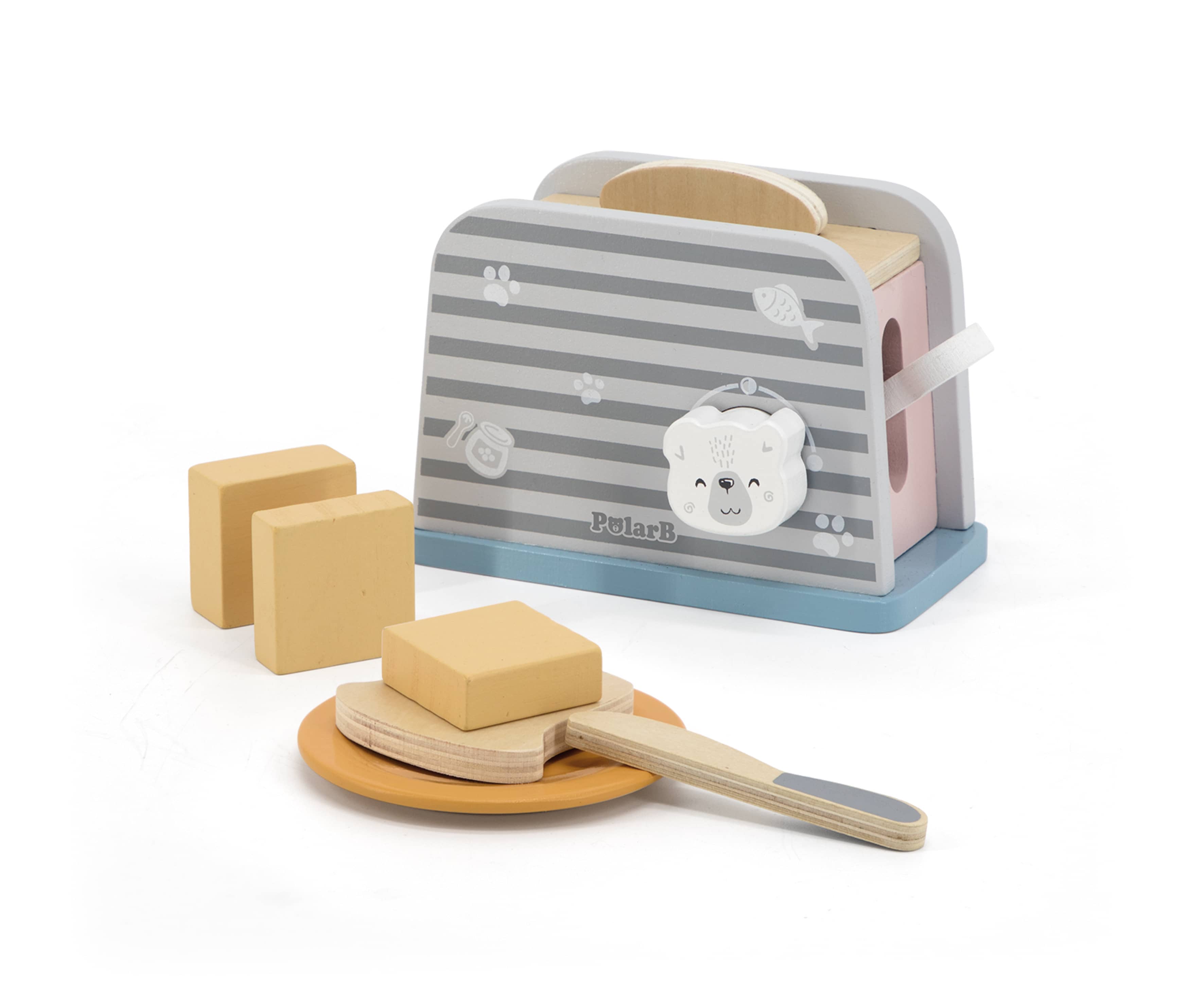 Kids toy toaster with PolarB bear front, bread blocks, round plate, spoon