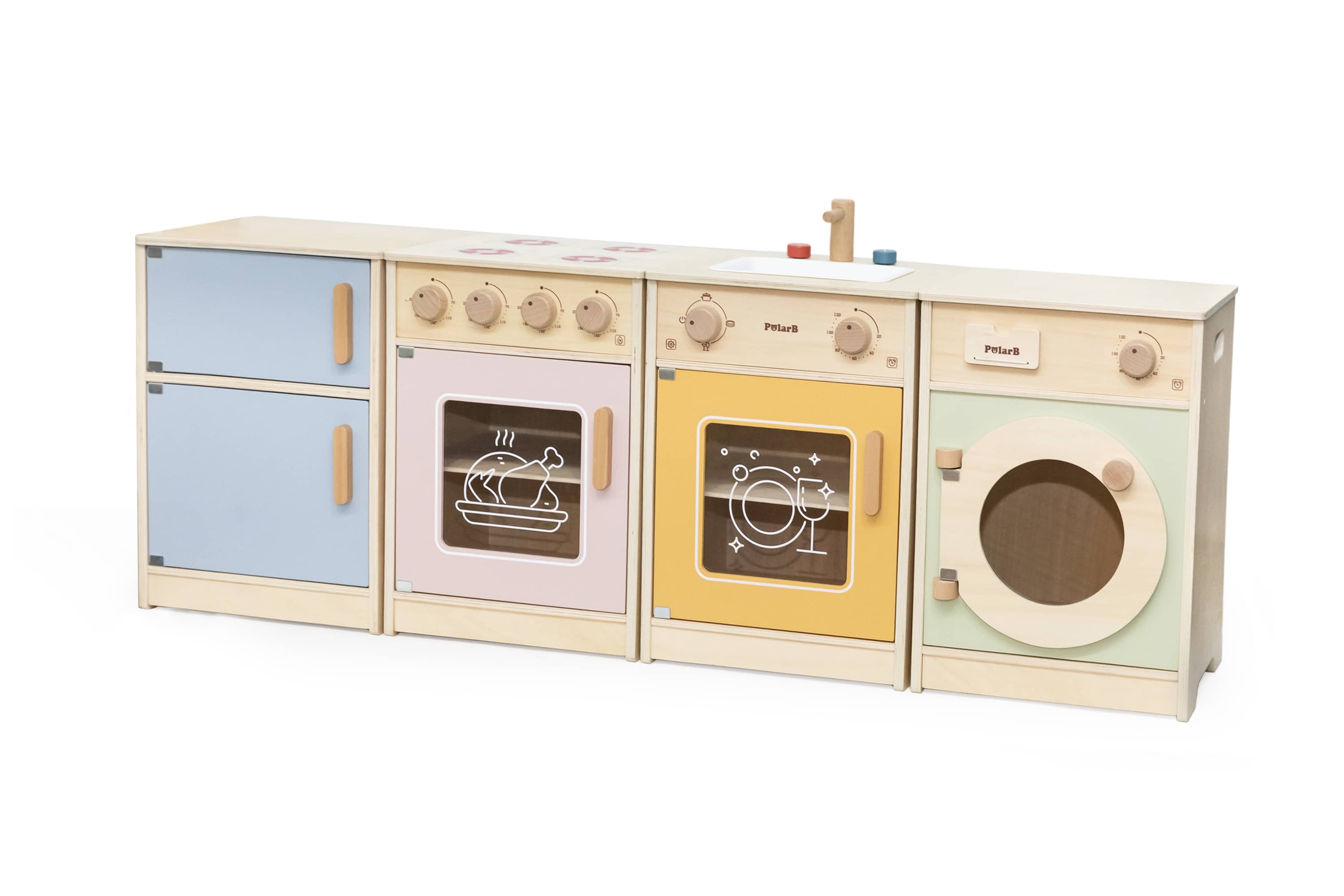 Toddler wooden kitchen play set with blue cabinets, stove knobs, and oven doors