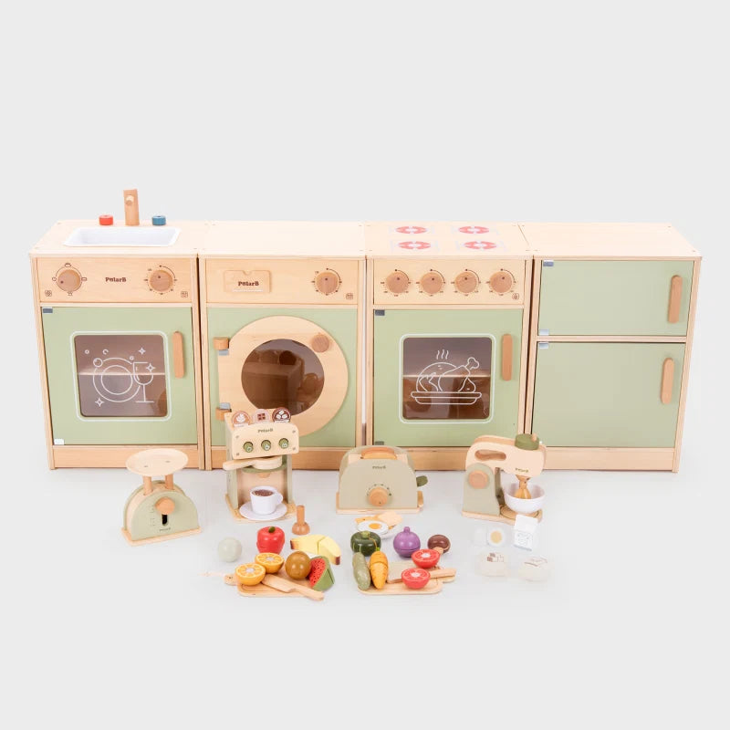 Toddler kitchen starter playset with pastel cabinets, stove, sink, accessories, and pretend foods