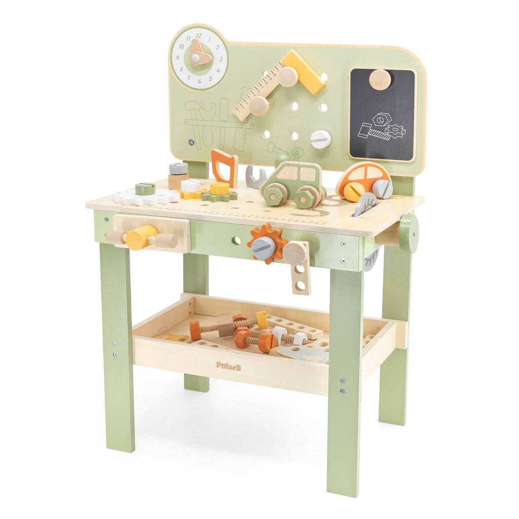 Kids wooden tool bench with play tools, worktop, and open storage shelves