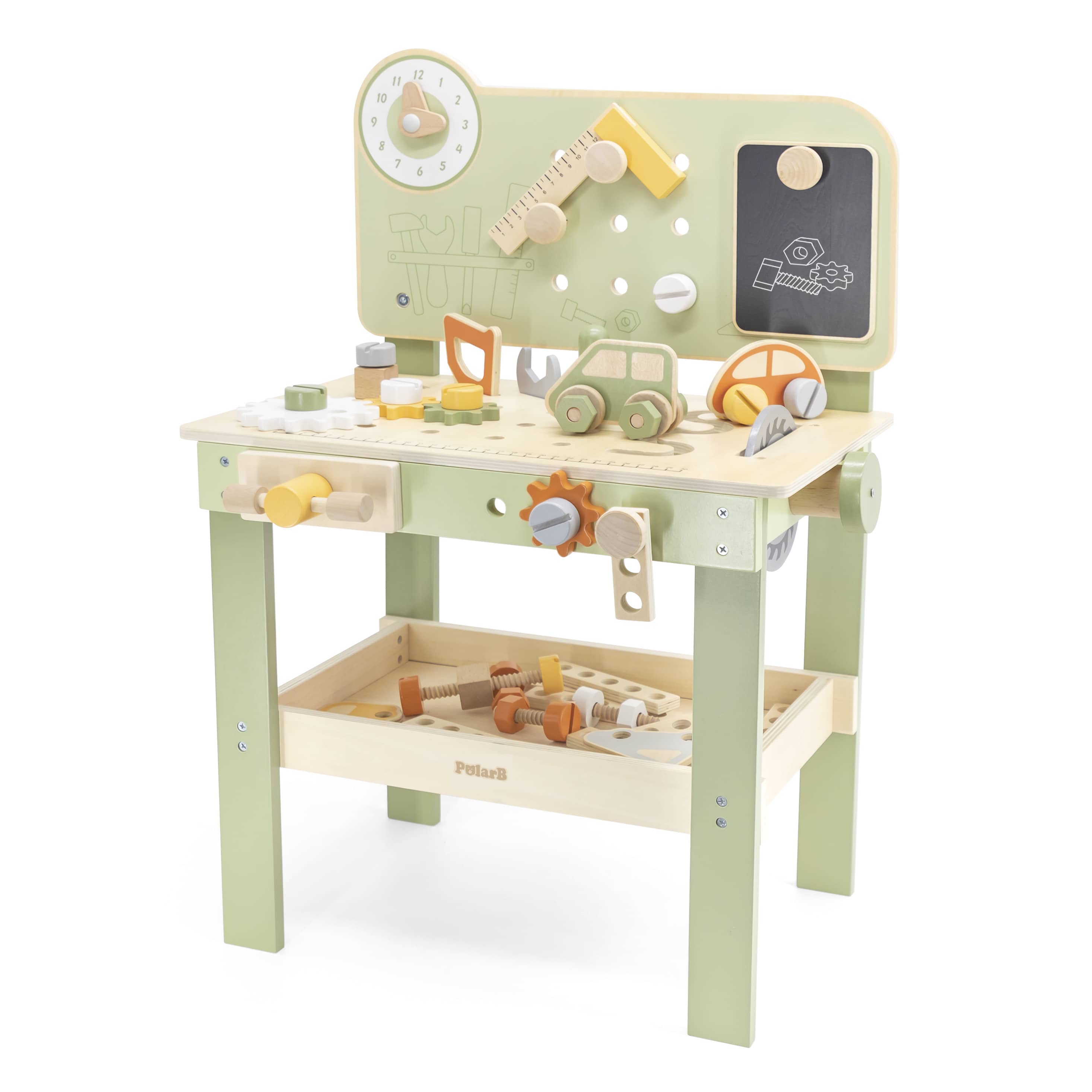 Kids wooden tool bench with play tools, worktop, and open storage shelves