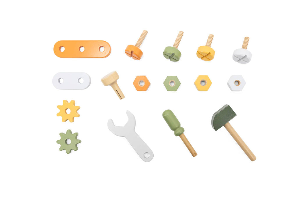 Wooden tool kit pieces with screws, wrenches, gears, and peg blocks in mixed colors