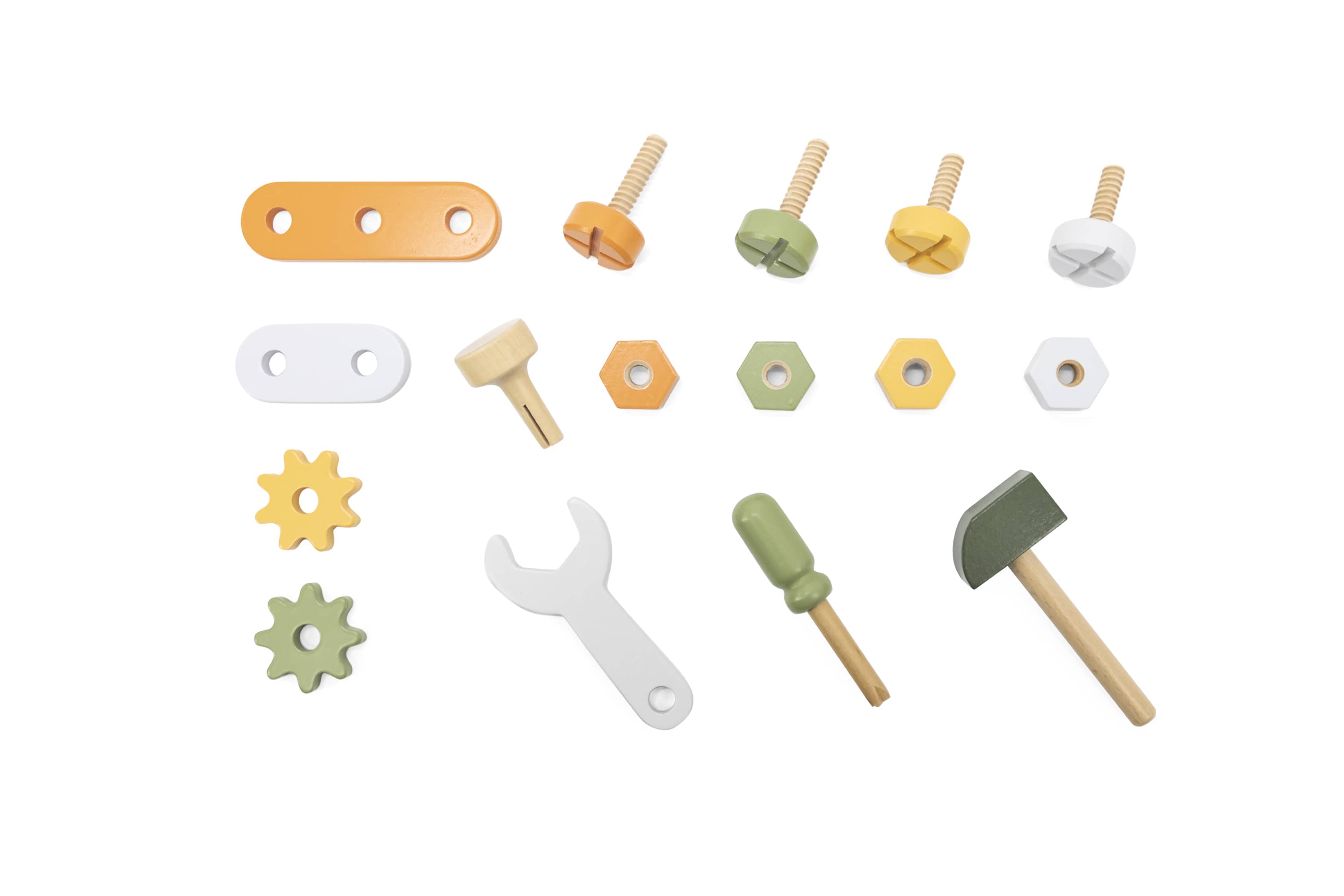 Wooden tool kit pieces with screws, wrenches, gears, and peg blocks in mixed colors